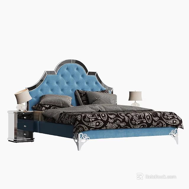 Modern Blue Tufted Double Bed With Arched Headboard Patterned Bedspread And Side Nightstands Table Lamps 3d model