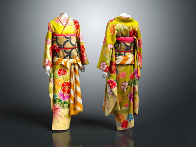Traditional Yellow Kimono With Floral Patterns And Obi Front Back Views 3d model