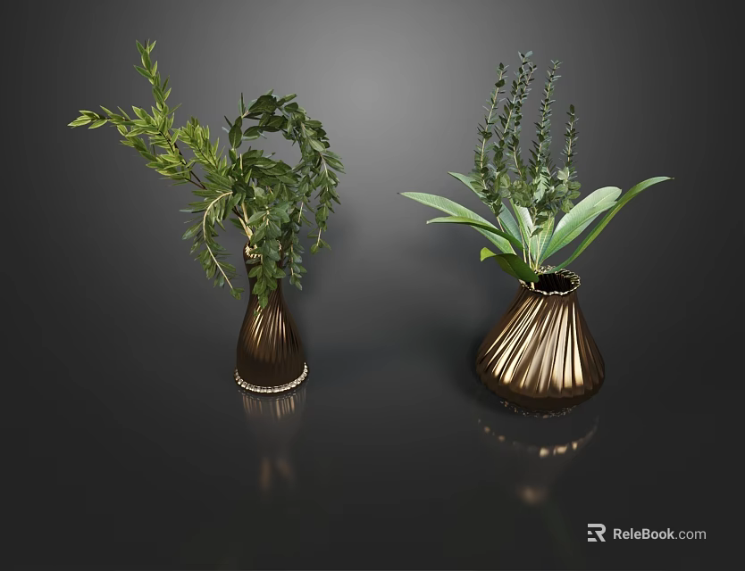 Brown Striped Vases With Green Hanging And Upright Plants On Dark Glossy Surface 3d model 