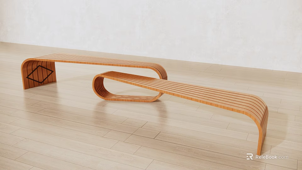 Modern Curved Wooden Landscape Seat With Unique Shape In Open Area 3d model 