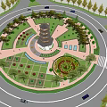 Scenic Circular Plaza Landscape With Pagoda Tower Greenery Trees Flower Beds Walkways And Seats