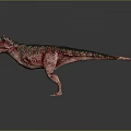 Red Dinosaur Model With Green Stripes Horned Head Open Mouth Standing On Gray Reflective Floor