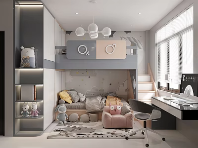 Modern Kids Room Interior With Loft Bed Storage Shelves Stuffed Toys Desk And Chair 3d model