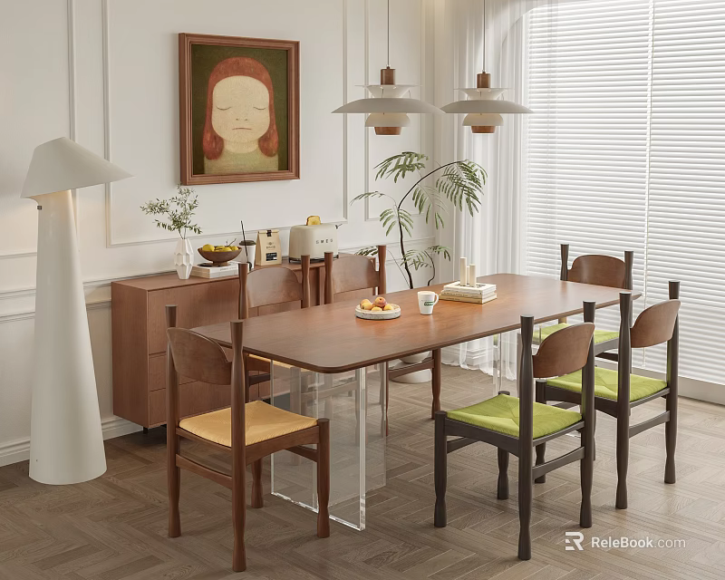 Modern Restaurant Interior Featuring Wooden Dining Table Colorful Chairs Wall Painting Pendant Lights And Plant 3d model 