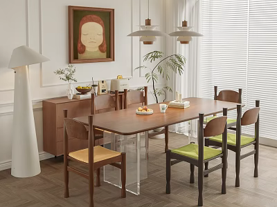 Modern Restaurant Interior Featuring Wooden Dining Table Colorful Chairs Wall Painting Pendant Lights And Plant 3d model