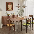 Modern Restaurant Interior Featuring Wooden Dining Table Colorful Chairs Wall Painting Pendant Lights And Plant
