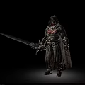 Man In Detailed Warrior Armor With Long Sword And Tattered Cloak Standing Pose