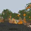Garden Landscape Featuring Orange Trees Pumpkins Stone Paved Area And Wooden Carts