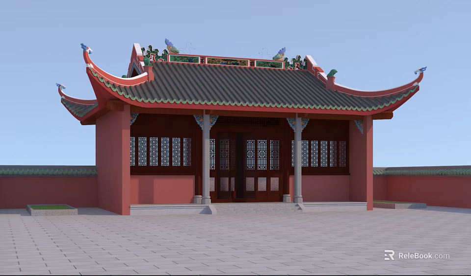 Ancient Chinese Architecture With Traditional Eaves Red Walls Black Tiled Roof And Wooden Doors 3d model 