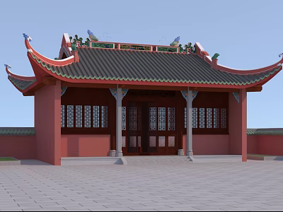 Ancient Chinese Architecture With Traditional Eaves Red Walls Black Tiled Roof And Wooden Doors 3d model