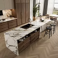 Modern Open Kitchen Interior With Marble Island Countertop And Wooden Cabinets