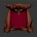 Red Ornate Throne Chair With Intricate Carvings And Velvet Upholstered Seat