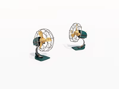 Two Vintage Style Air Conditioner Fan with Metal Frame Green Base and Golden Blades 3d model