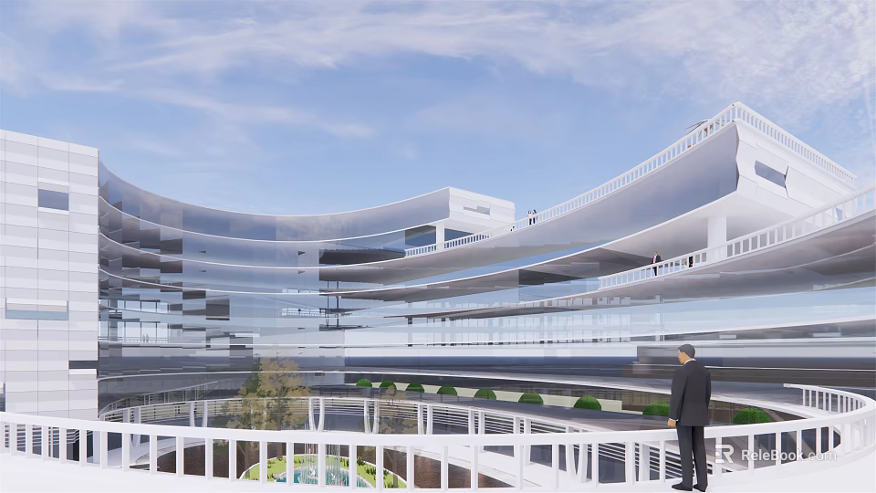 Modern Curved Office Building With Glass Curtain Walls Multi storey Terraces And Landscaped Gardens 3d model 