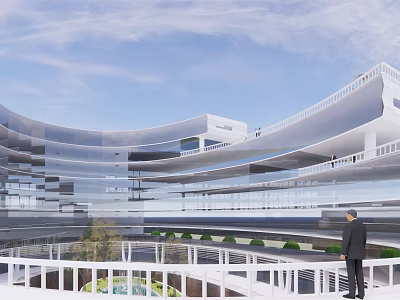 Modern Curved Office Building With Glass Curtain Walls Multi storey Terraces And Landscaped Gardens 3d model