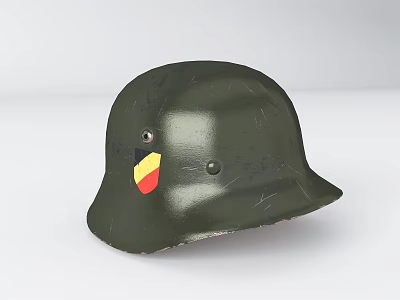 Green Military Helmet Featuring Red And Yellow Badge On White Surface 3d model