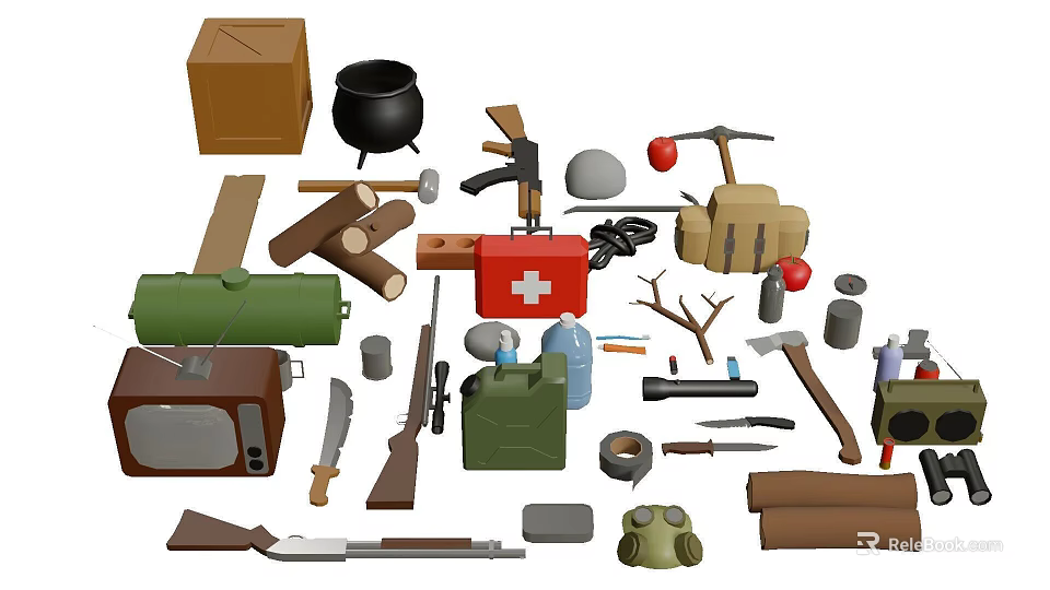 Assorted Survival Supplies Collection With First Aid Kit Guns Tools And Backpack 3d model 