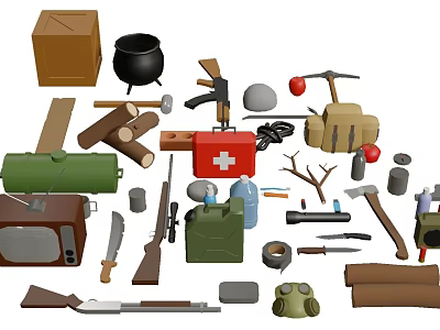 Assorted Survival Supplies Collection With First Aid Kit Guns Tools And Backpack 3d model