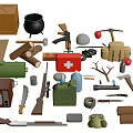 Assorted Survival Supplies Collection With First Aid Kit Guns Tools And Backpack