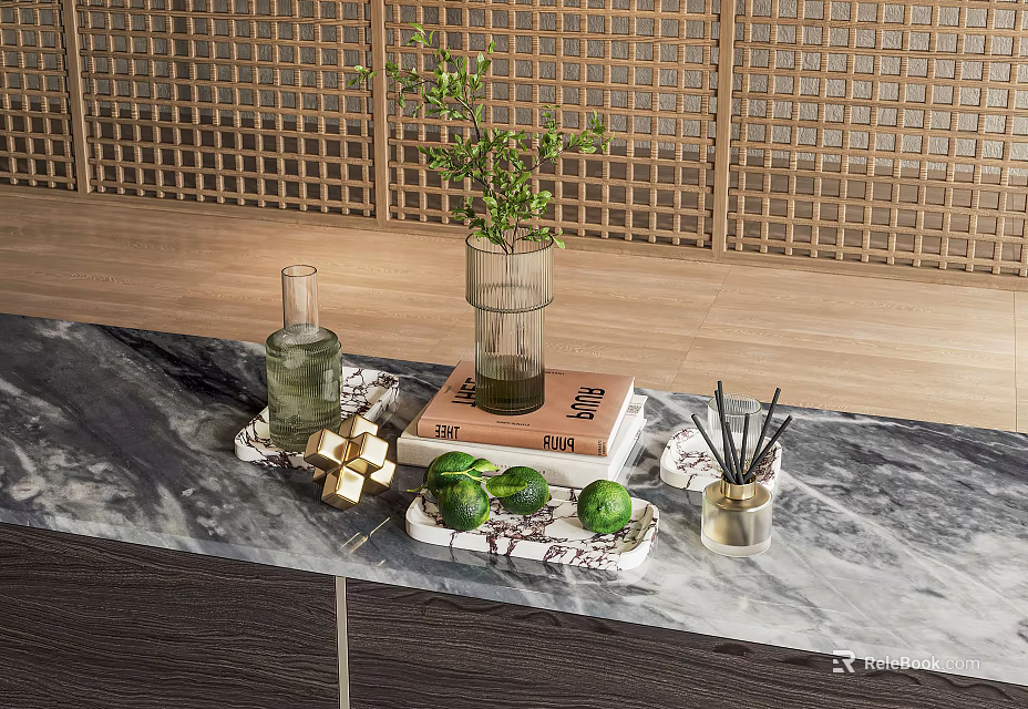 Decorative Ornament Set on Marble Countertop with Green Plant Scented Bottle Book and Limes 3d model 