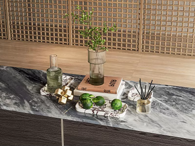 Decorative Ornament Set on Marble Countertop with Green Plant Scented Bottle Book and Limes 3d model