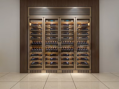 Modern Wooden Frame Glass Door Wine Cabinet With Layered Wine Bottles And Built In Lighting 3d model