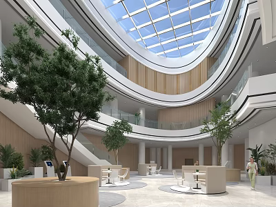 Modern Shopping Mall Atrium with Glass Dome Multi Level Corridors Green Plants and Circular Seating Areas 3d model