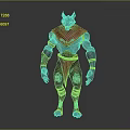 Game and Movie Character With Wolf Head Horns Red Cape and Blue Body Armor