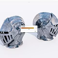Two Shiny Medieval Metal Helmets With Structured Facemasks And Glossy Finish
