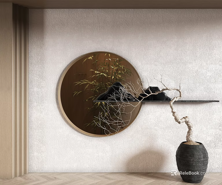 Entryway Hallway Interior With Round Mirror Bamboo Black Shelf Twig Decor And Black Vase 3d model 