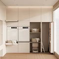 Light-toned Modern Kitchen Interior With White Cabinets Double-door Appliances Open Storage And Wooden Flooring