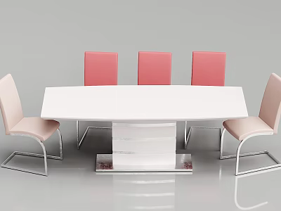 Modern Dining Table Set With White Tabletop And Pink And Beige Chairs 3d model
