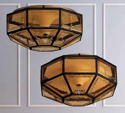 Elegant Modern Octagonal Ceiling Lights With Amber Glass Shade And Metal Frame 3d model