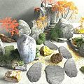 Natural Stone Landscape Elements With Various Rocks Orange Trees Greenery And Stone Steps 3d model