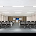 Modern Conference Room With White Linear Ceiling Black Chairs Long Tables White Walls And Projector
