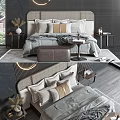 Elegant Modern Double Bed With Multiple Pillows Bed Bench Nightstand And Decorative Elements 3d model