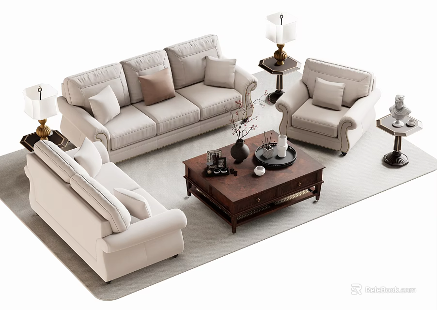 Elegant Modern Sofa And Coffee Table Set With Pillows Side Tables And Table Lamps 3d model 