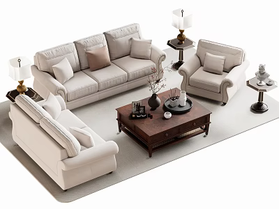 Elegant Modern Sofa And Coffee Table Set With Pillows Side Tables And Table Lamps 3d model