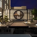 Garden Landscape Design For Evening Terrace With Dining Umbrella And Building Lighting