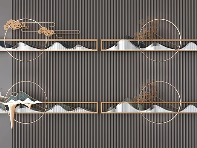 Stylish Wall Decor With Mountain Patterns And Circular Frames On Textured Background 3d model