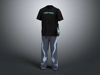 Black Short Sleeve Top With Green Details And Gray Pants With White Blue Accents 3d model