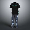 Black Short Sleeve Top With Green Details And Gray Pants With White Blue Accents