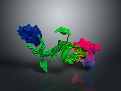3D Rendered Colorful Plant With Blue Pink Flowers Green Vines Gray Background And Reflection Effect 3d model