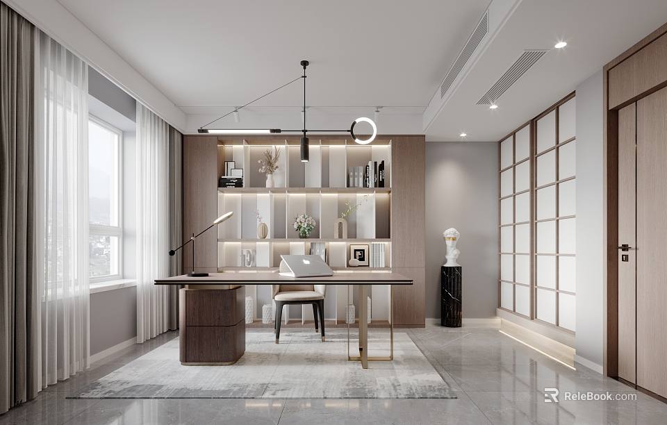 Modern Study Room Interior With Wooden Bookshelf Desk Pendant Light White Curtains And Gray Rug 3d model 