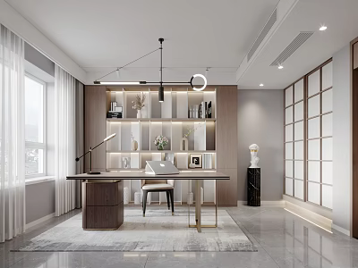 Modern Study Room Interior With Wooden Bookshelf Desk Pendant Light White Curtains And Gray Rug 3d model