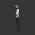 Male Character in White Black Jacket with Blue Logo and Outstretched Arms Gray Background