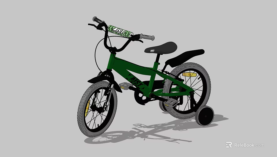 Green Children's Bicycle With Training Wheels Sturdy Frame And Safe Design 3d model 