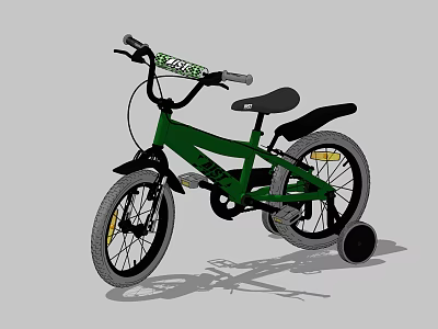 Green Children's Bicycle With Training Wheels Sturdy Frame And Safe Design 3d model