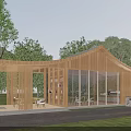 Modern Wooden Guesthouse Building with Curved Roof Large Glass Windows and Natural Surroundings