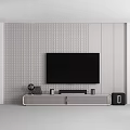 Modern TV Wall Design With Gray Grid Texture White Panels TV Stand Globe Books And Speakers